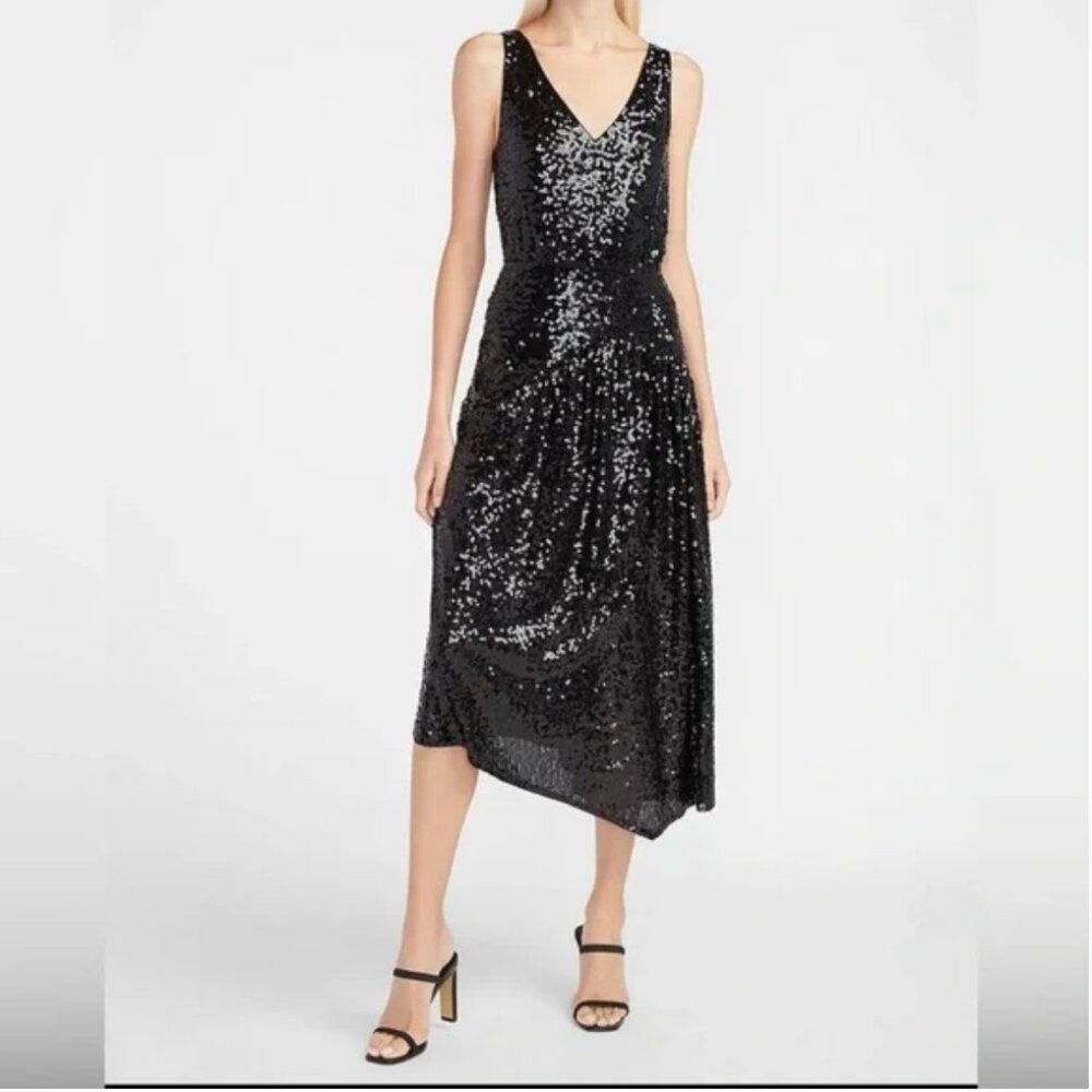 NWT Black Sequin Midi Dress V Neck Sleeveless Asymmetrical Flattering Holiday S